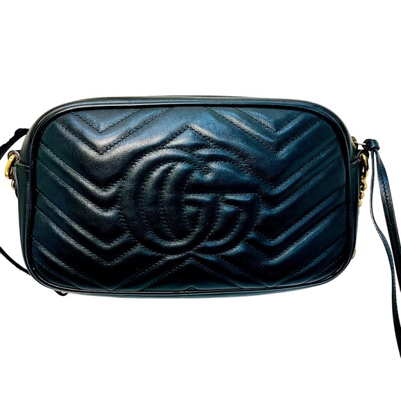 Gucci Small Marmont Crossbody Bag Chevron Leather Gold Chain Black Purse - Picture 5 of 16